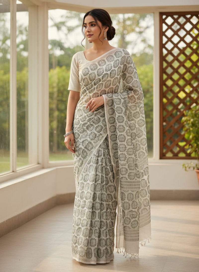 Olive Green Stylised Leaf Print Lightweight Chanderi Fabric