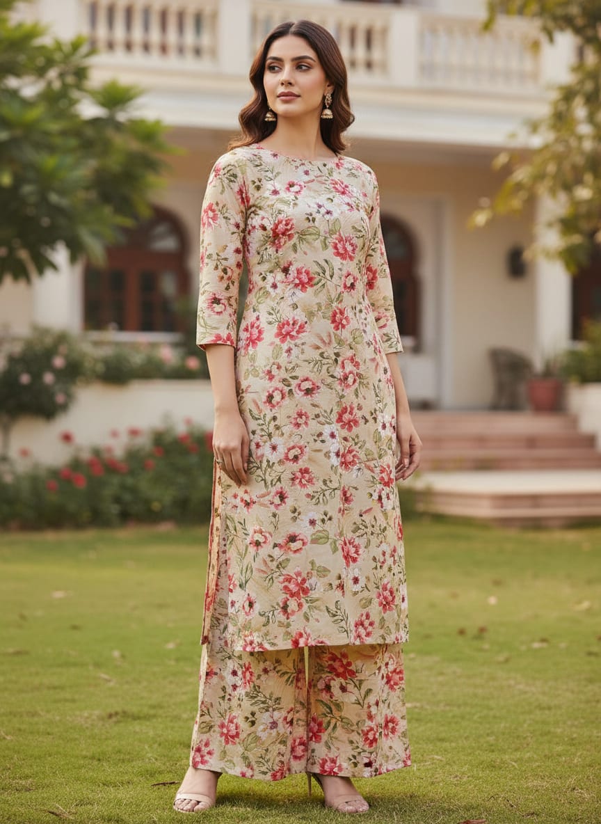 Beige & Red Watercolour Floral Printed Soft Rayon Fabric
