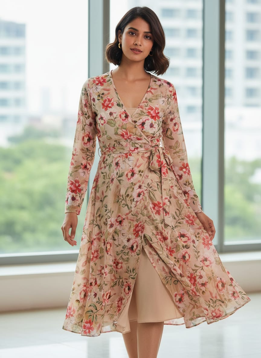 Beige & Red Watercolour Floral Printed Soft Rayon Fabric