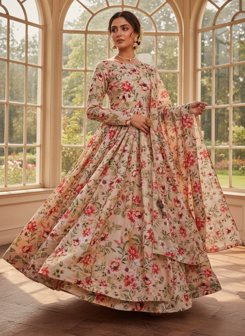 Beige & Red Watercolour Floral Printed Soft Rayon Fabric