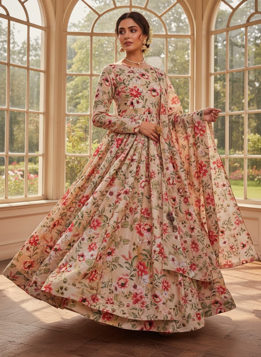 Beige & Red Watercolour Floral Printed Soft Rayon Fabric