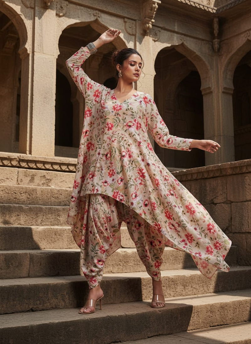 Beige & Red Watercolour Floral Printed Soft Rayon Fabric