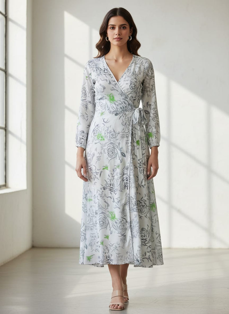 White & Grey Abstract Floral Rayon Fabric with Green Accents