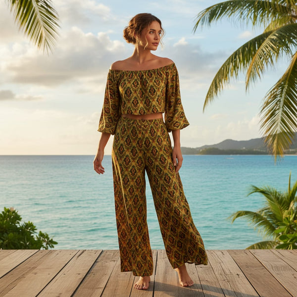 Mustard & Green Ethnic Damask Patterned Rayon Fabric - alternate view