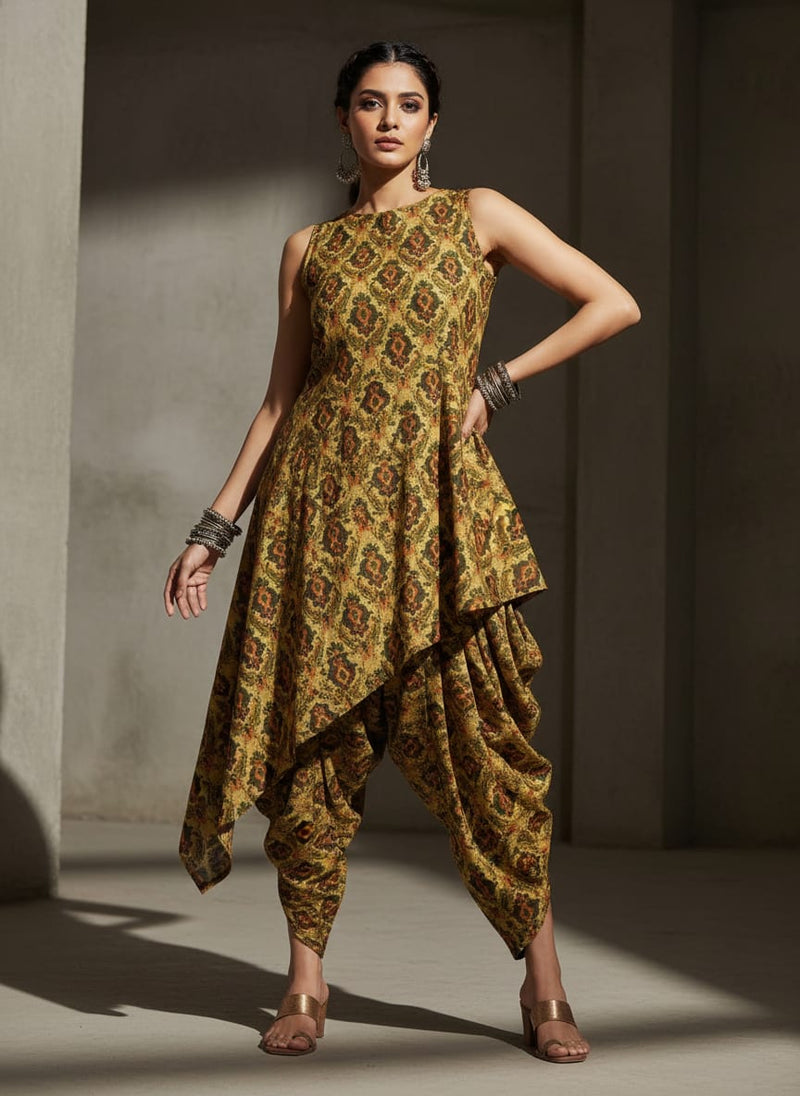 Mustard & Green Ethnic Damask Patterned Rayon Fabric