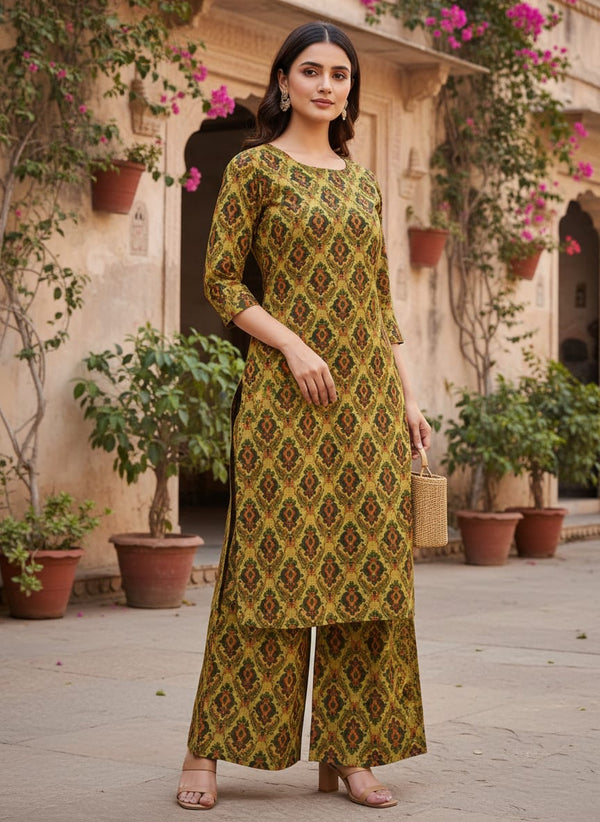 Mustard & Green Ethnic Damask Patterned Rayon Fabric - Straight Kurta with Palazzo Lookbook - RA-0-TA05888-114 - alternate view