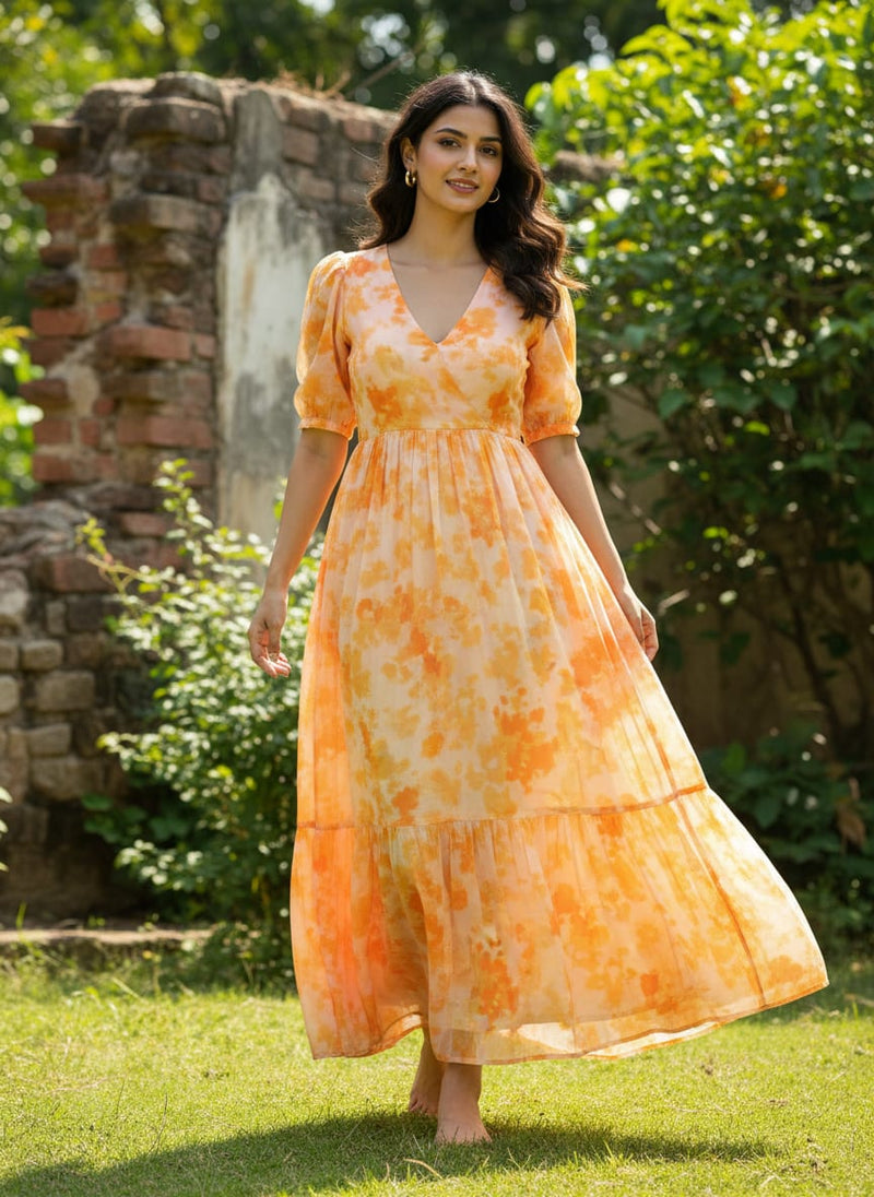 Orange & Yellow Tie-Dye Abstract Muslin Fabric