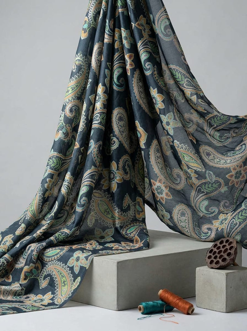 Navy Ethnic Paisley and Floral Chanderi Digital Printed Fabric