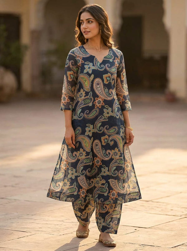 Navy Ethnic Paisley and Floral Chanderi Digital Printed Fabric - A-Line Kurta with Salwar Lookbook - CH-0-TA07622-108 - alternate view
