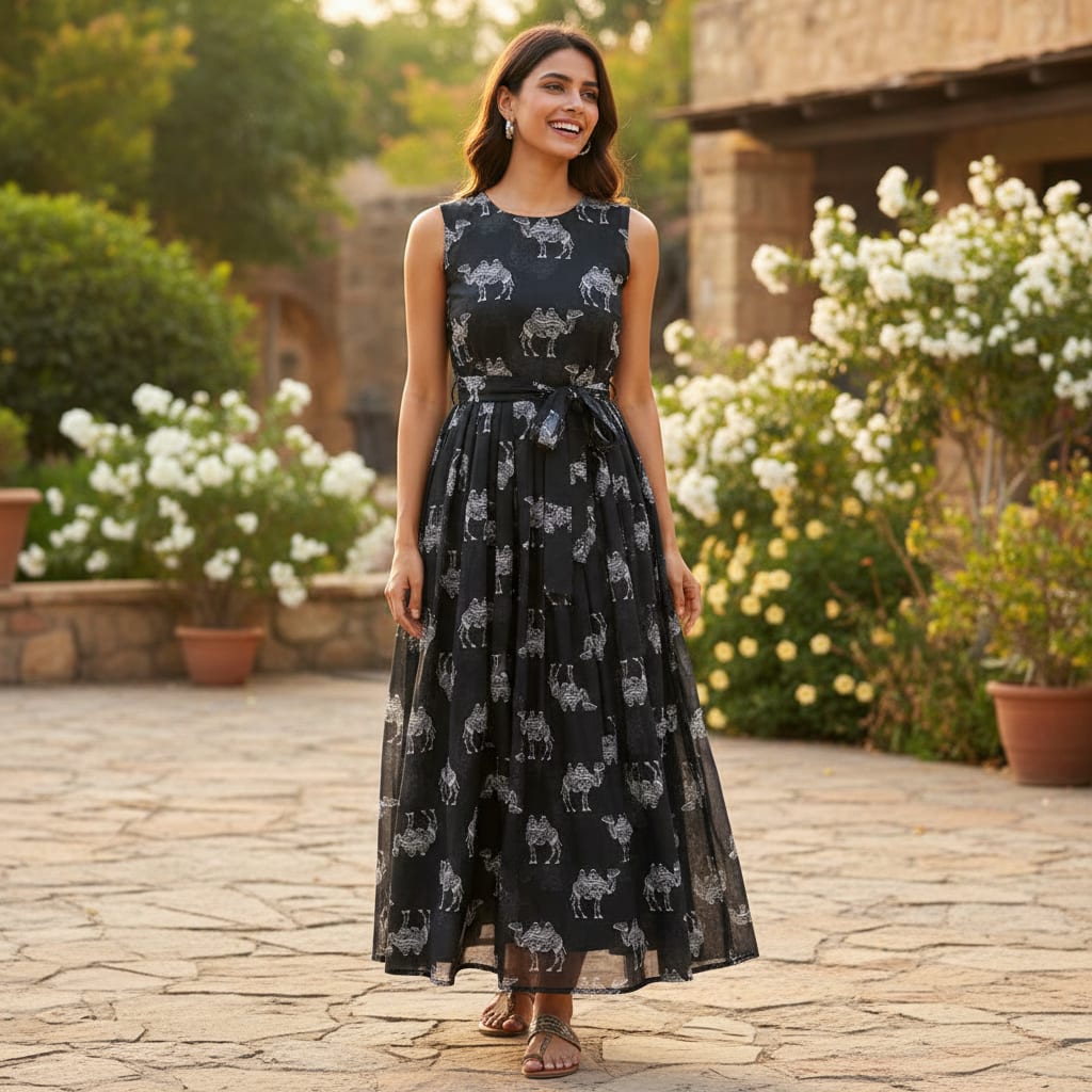 Black & White Intricate Camel Pattern Chanderi Fabric
