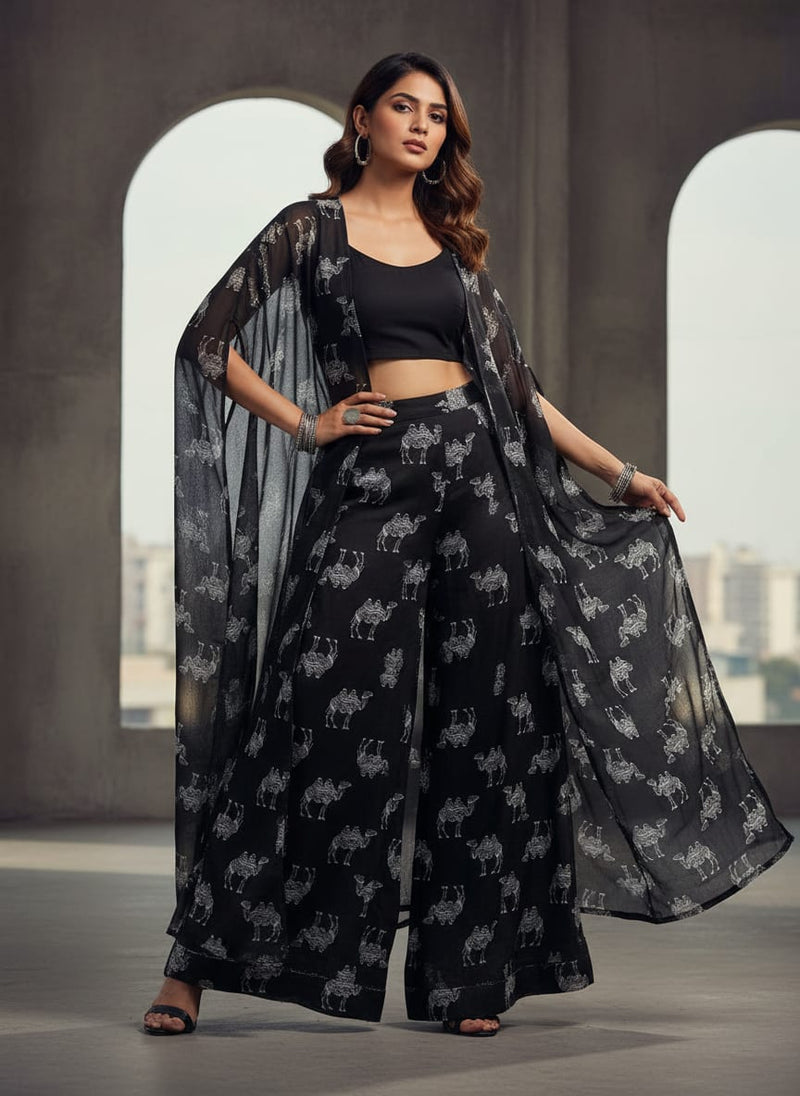 Black & White Intricate Camel Pattern Chanderi Fabric