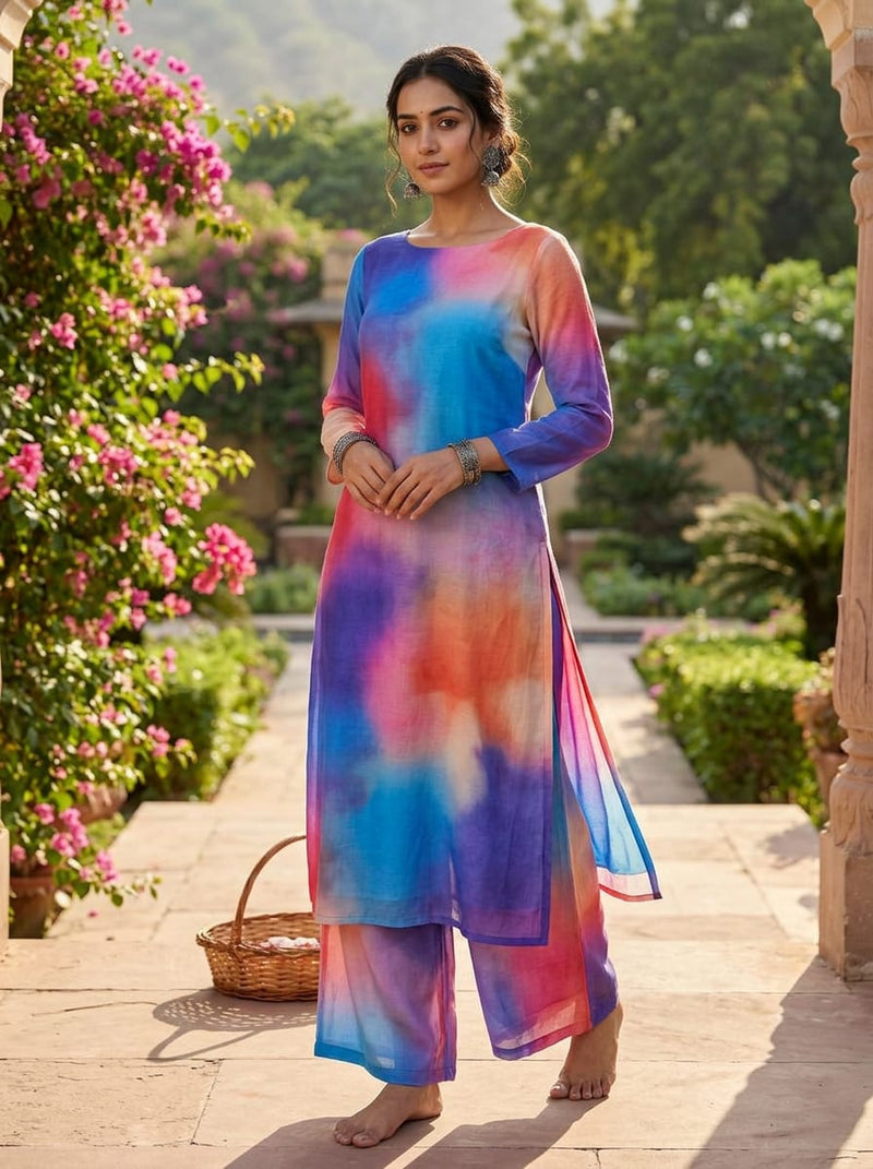 Multicolor Abstract Tie-Dye Gradient Muslin Digital Printed Fabric