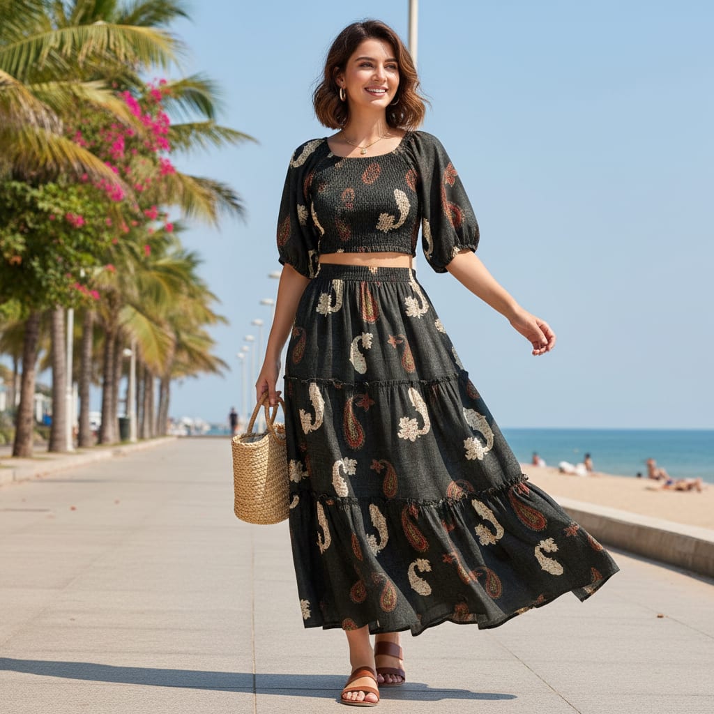 Charcoal & Red Distressed Paisley Patterned Rayon Fabric