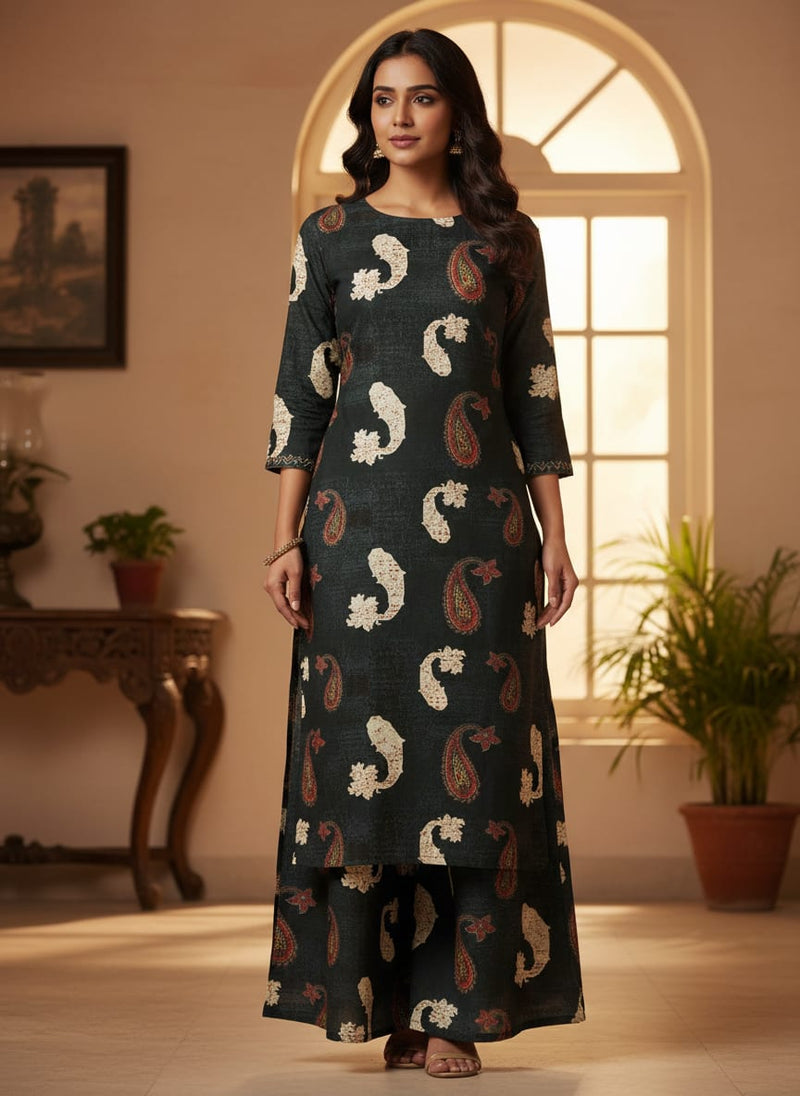 Charcoal & Red Distressed Paisley Patterned Rayon Fabric