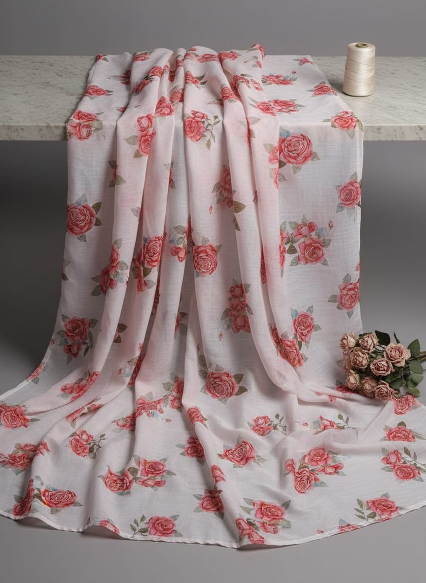 Watercolour Red Rose Floral Print Premium Muslin Fabric
