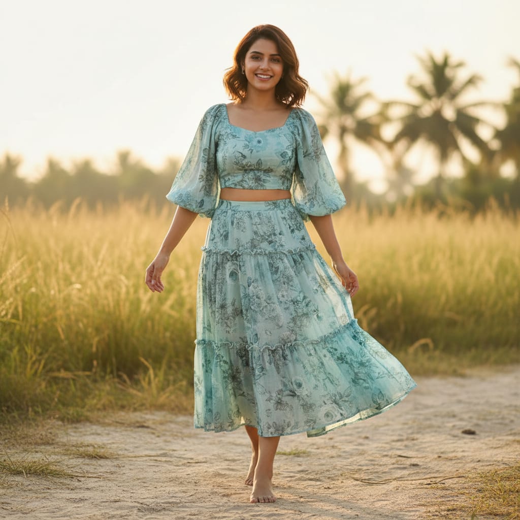 Serene Sea Green Floral Sketch Printed Muslin Fabric