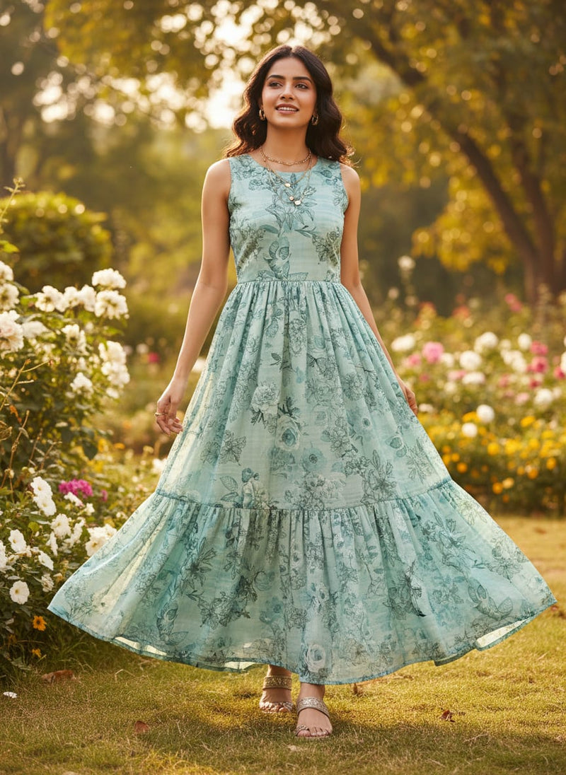 Serene Sea Green Floral Sketch Printed Muslin Fabric