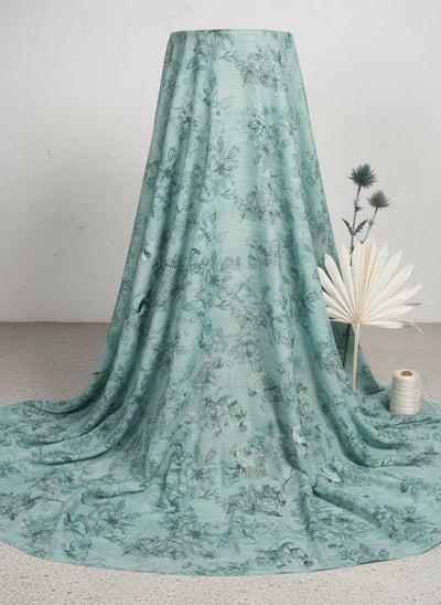 Teal Botanical Floral Sketch Muslin Digital Printed Fabric