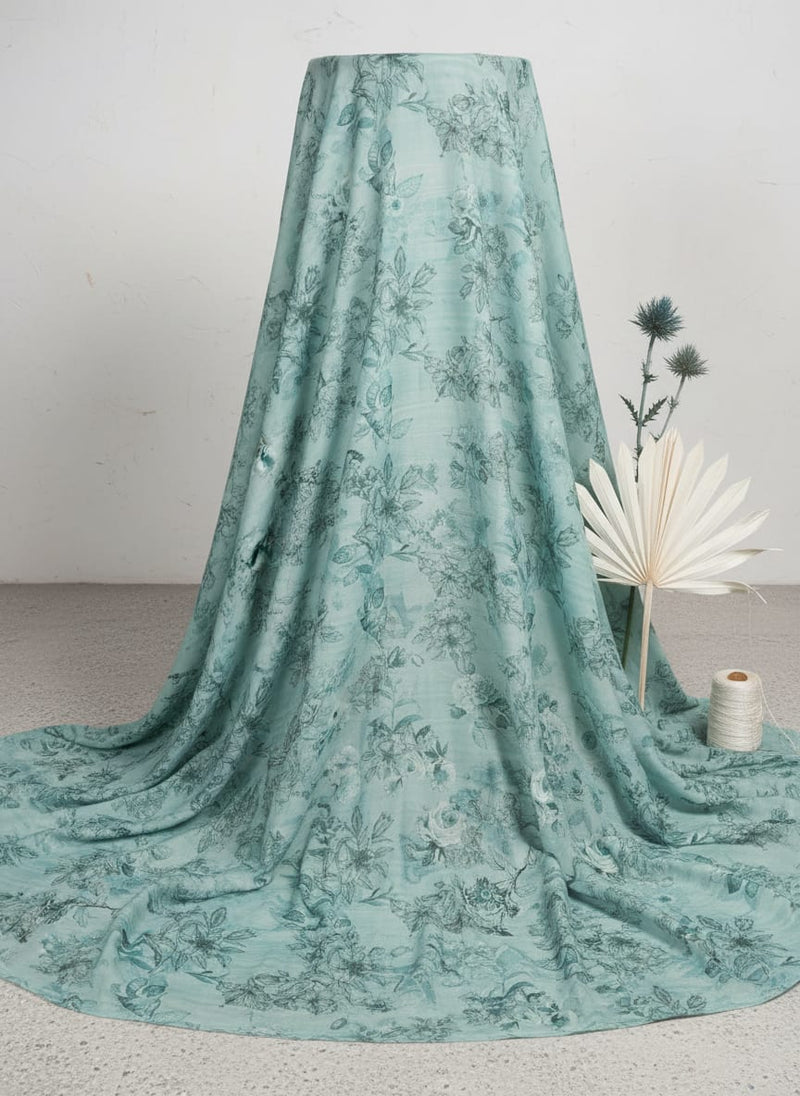 Serene Sea Green Floral Sketch Printed Muslin Fabric