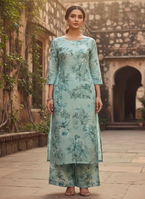 Serene Sea Green Floral Sketch Printed Muslin Fabric - Straight Kurta with Palazzo Lookbook - MU-0-TA04093-114 - alternate view