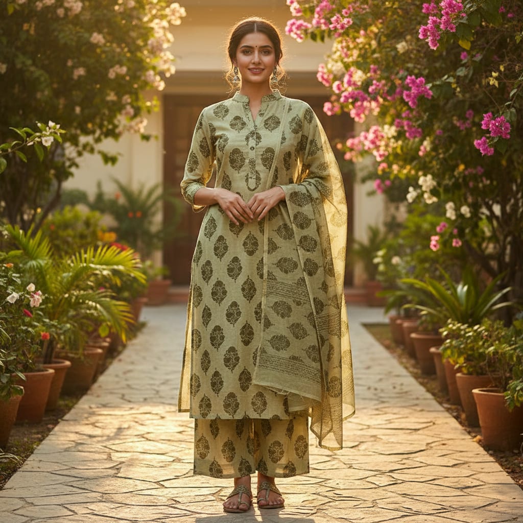 Olive Green Buta Motif Printed Chanderi Fabric