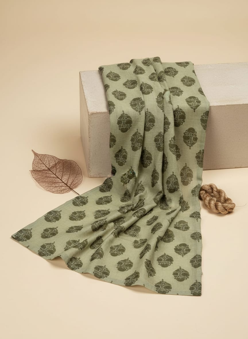 Olive Green Buta Motif Printed Chanderi Fabric