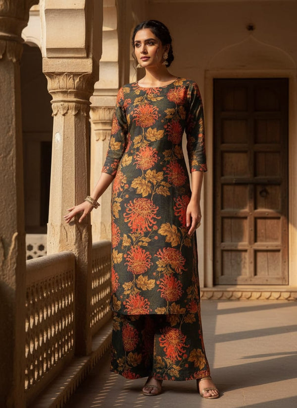Japanese Chrysanthemum Floral Print Rayon Crepe Fabric - Straight Kurta with Palazzo Lookbook - RA-0-TA0224-114 - alternate view