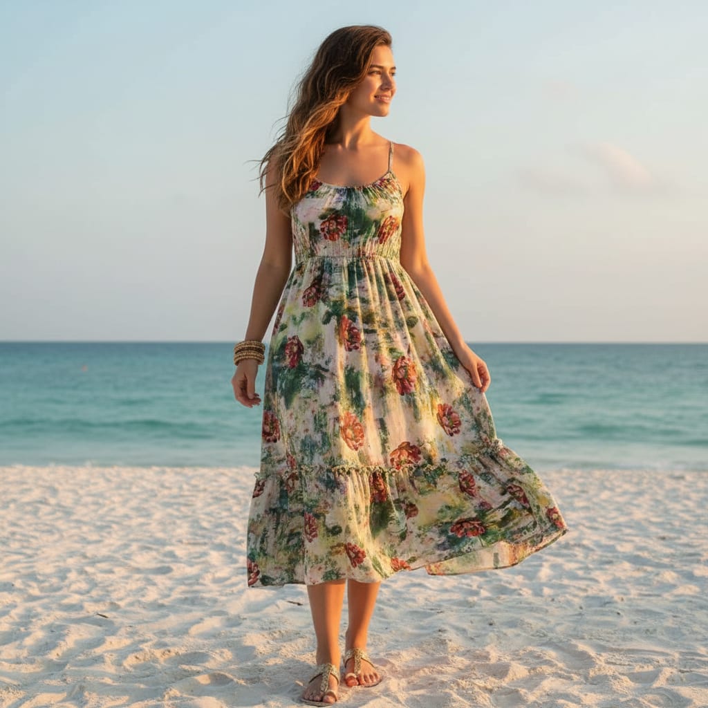 Painterly Red Poppy on Green Abstract Rayon Fabric