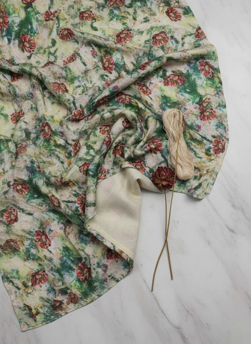 Painterly Red Poppy on Green Abstract Rayon Fabric