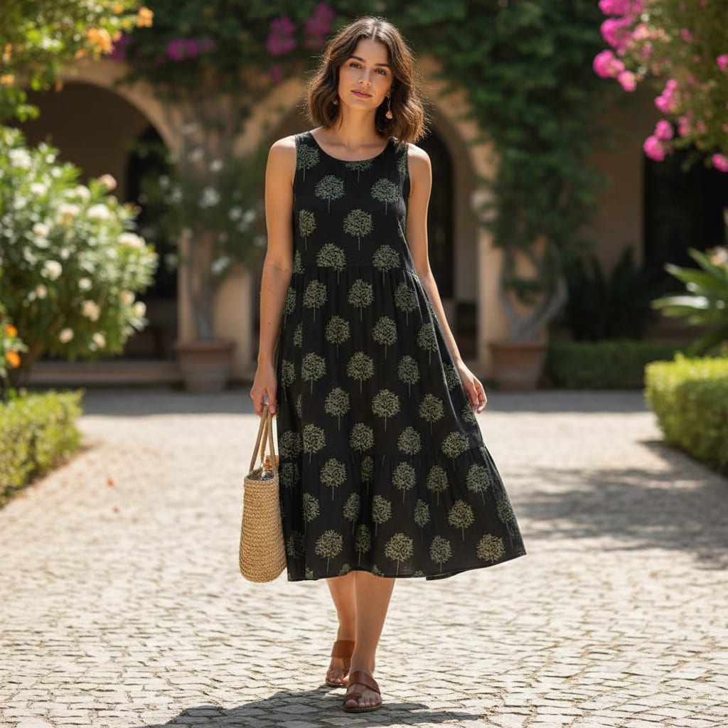 Charcoal Black & Olive Green Tree Printed Rayon Fabric