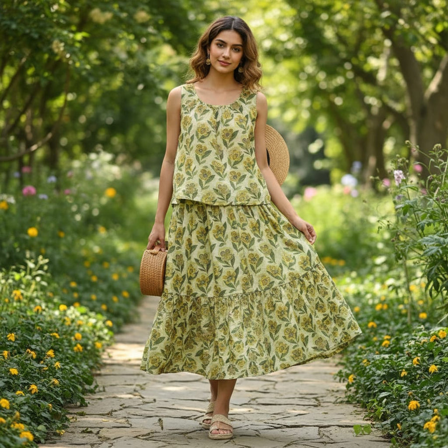 Yellow & Green Retro Floral Tusser Silk Fabric for Kurtis