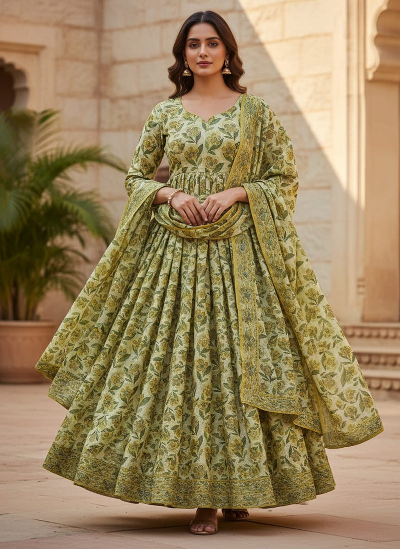 Yellow & Green Retro Floral Tusser Silk Fabric for Kurtis