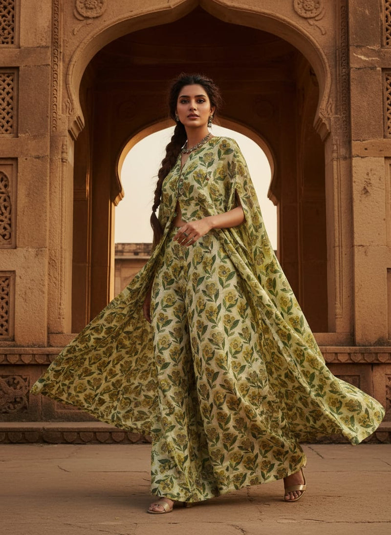 Yellow & Green Retro Floral Tusser Silk Fabric for Kurtis