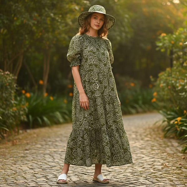Delicate Floral Lace Print on Olive Green Muslin Fabric - alternate view