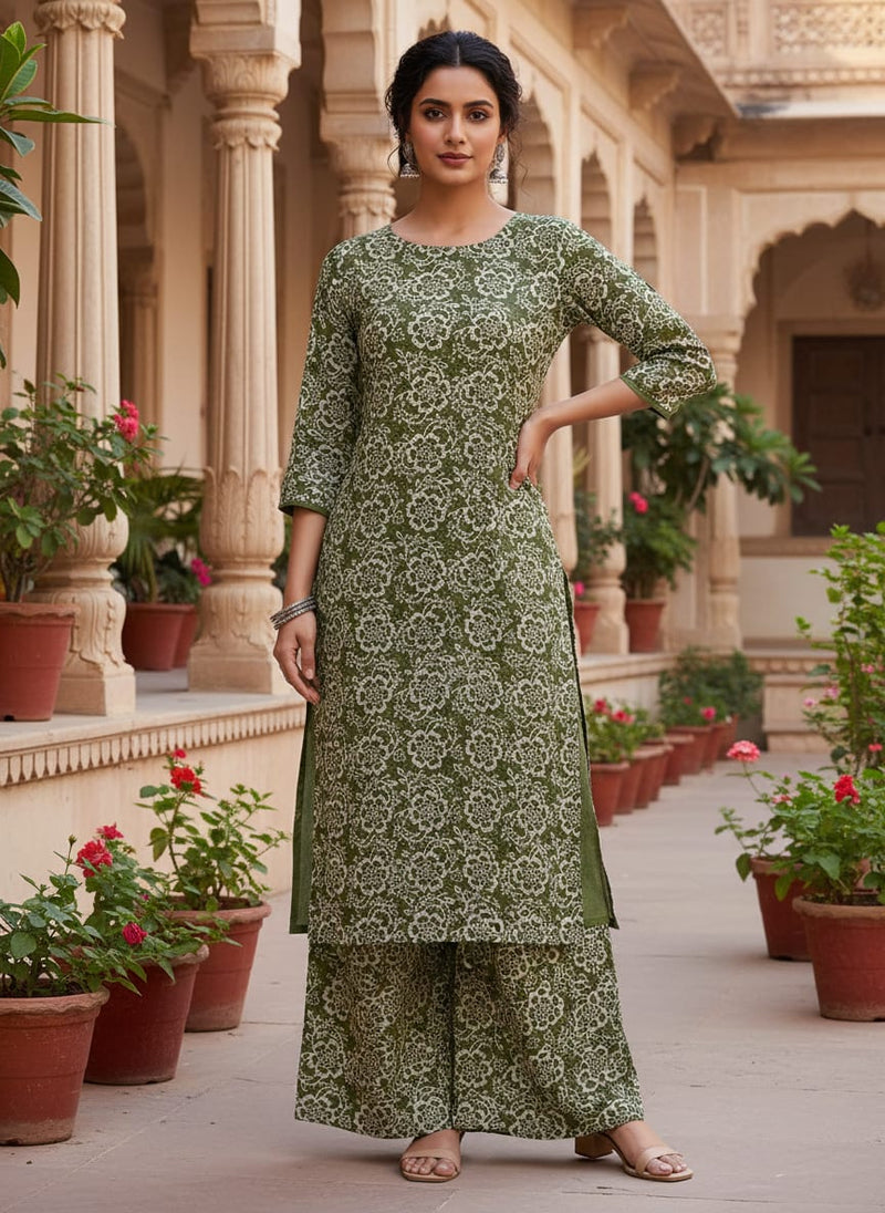 Delicate Floral Lace Print on Olive Green Muslin Fabric