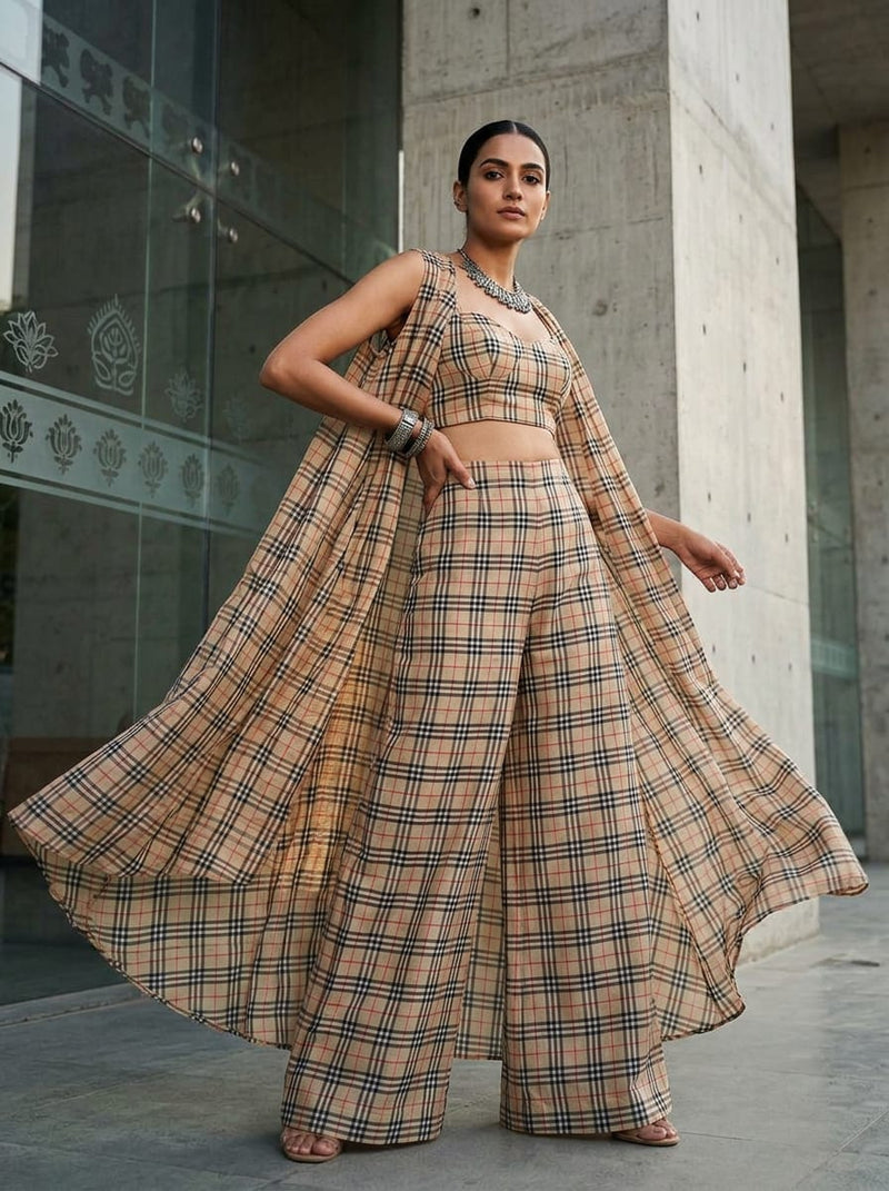 Brown Classic Checkered Plaid Chanderi Digital Printed Fabric