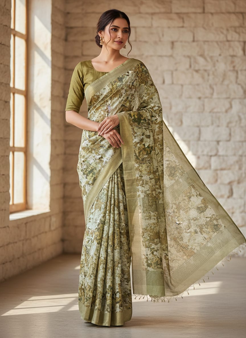Earthy Abstract Camouflage Tusser Silk Fabric for Kurtis
