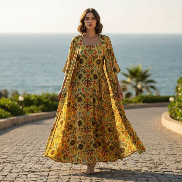Yellow Damask Floral Patterned Viscose Rayon Fabric - alternate view