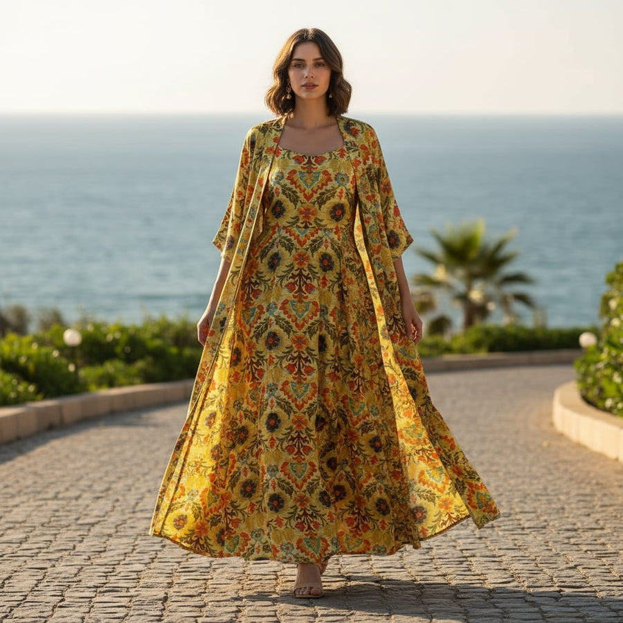 Yellow Damask Floral Patterned Viscose Rayon Fabric