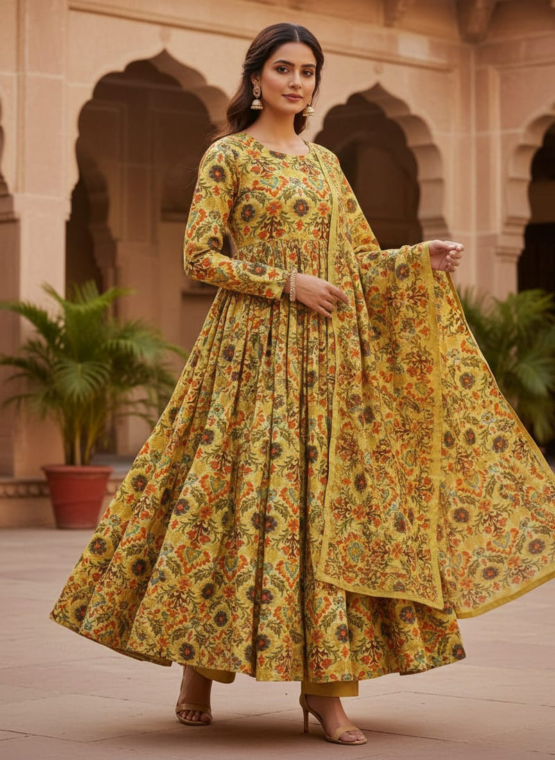 Yellow Damask Floral Patterned Viscose Rayon Fabric
