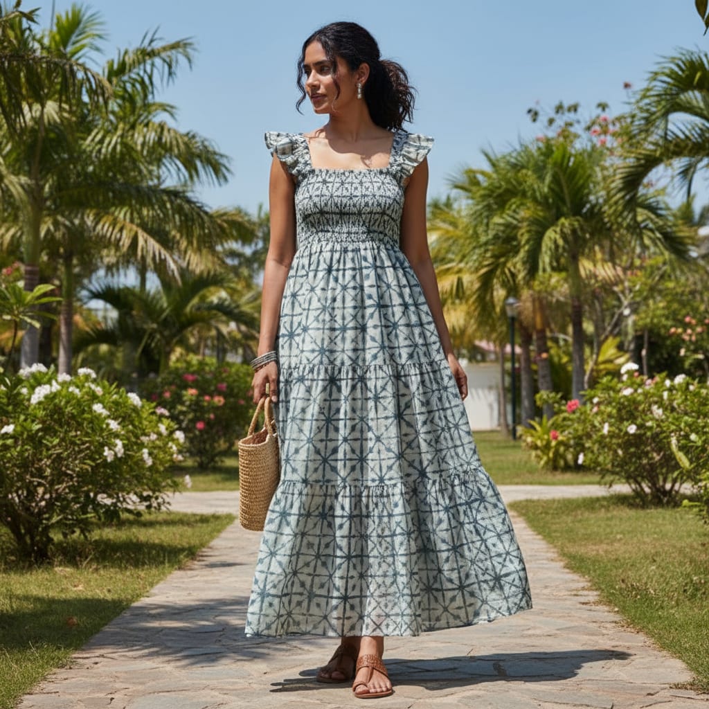 Teal Blue Geometric Tie & Dye Pattern Chanderi Fabric