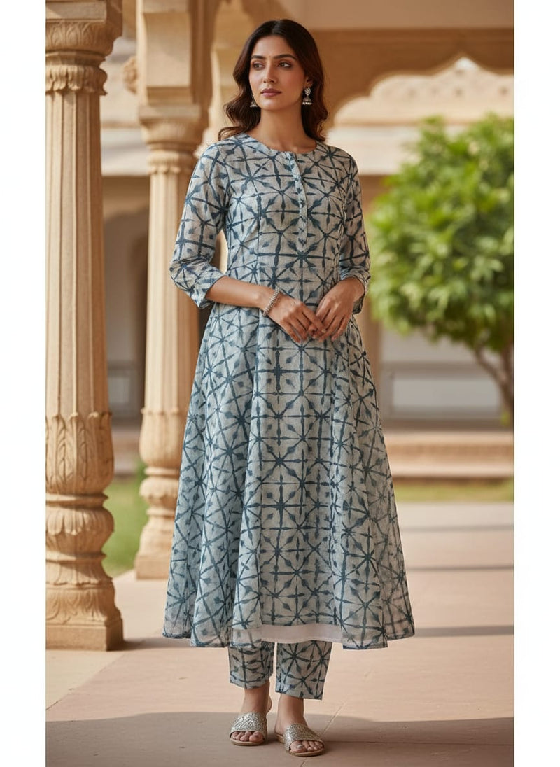 Teal Blue Geometric Tie & Dye Pattern Chanderi Fabric