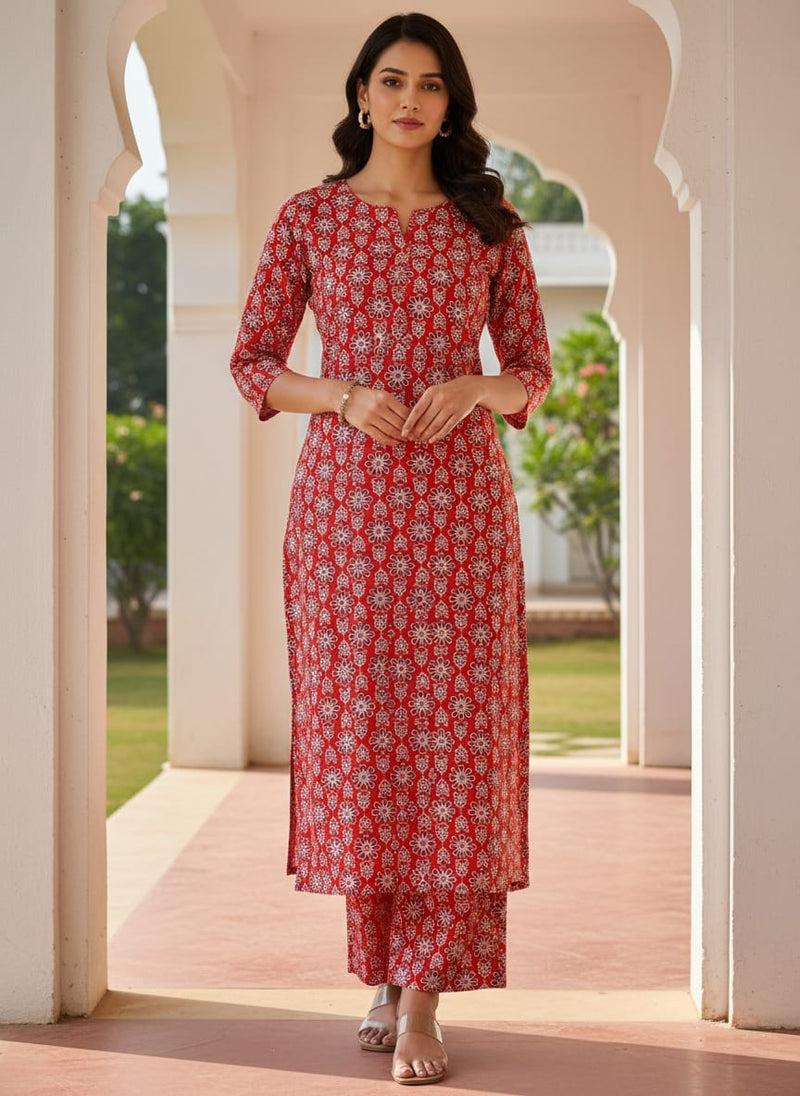 Red Ditsy Floral & Ethnic Motif Premium Rayon Fabric