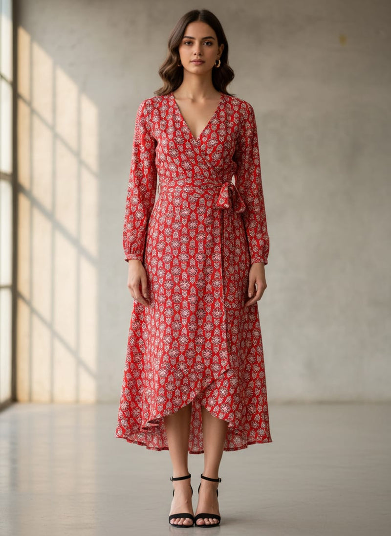 Red Ditsy Floral & Ethnic Motif Premium Rayon Fabric