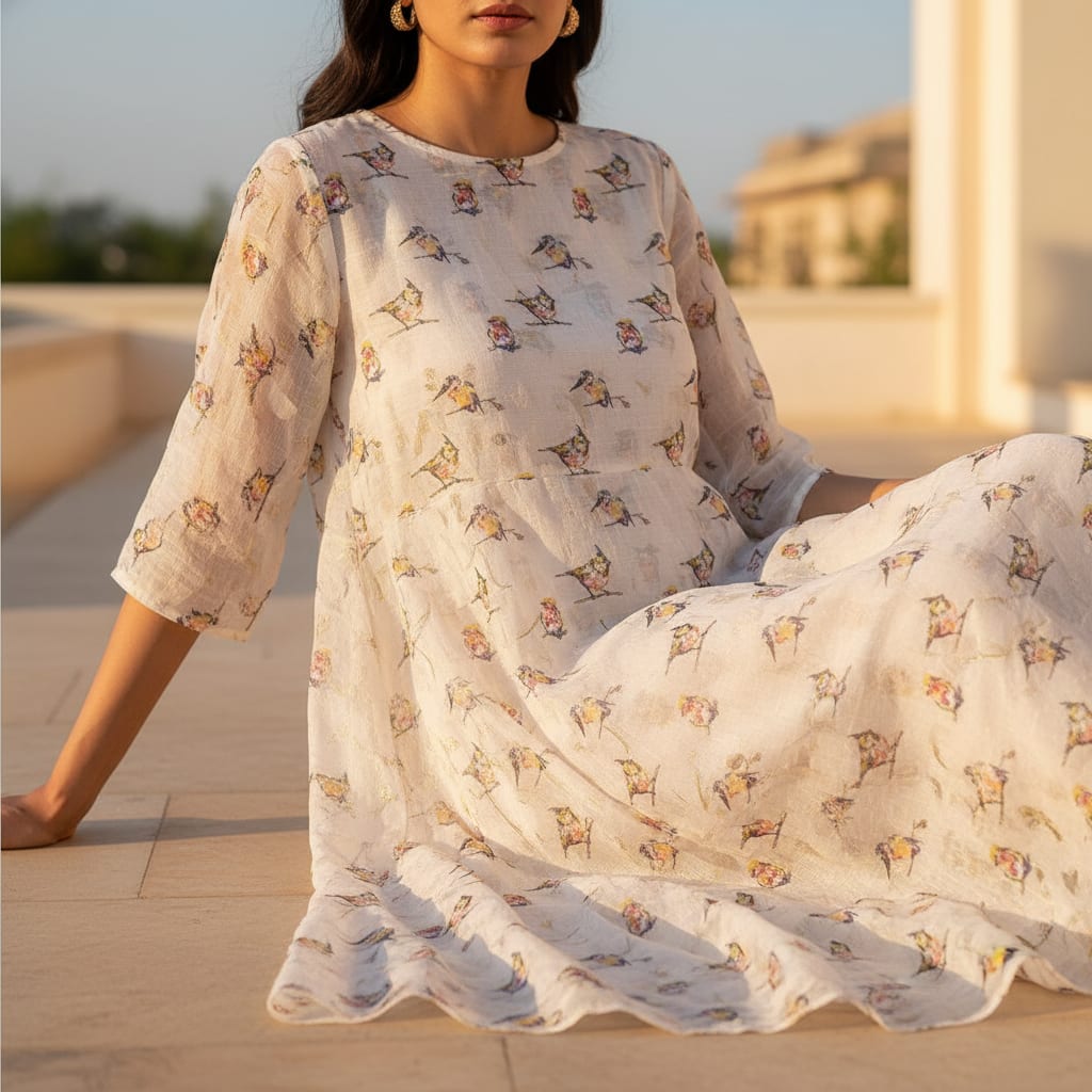 Artistic Watercolour Bird Print on Off White Chanderi