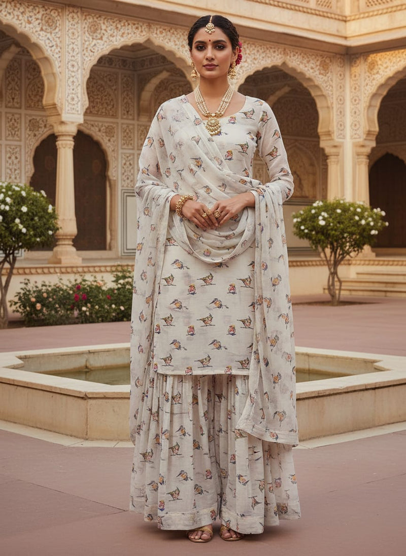 Artistic Watercolour Bird Print on Off White Chanderi