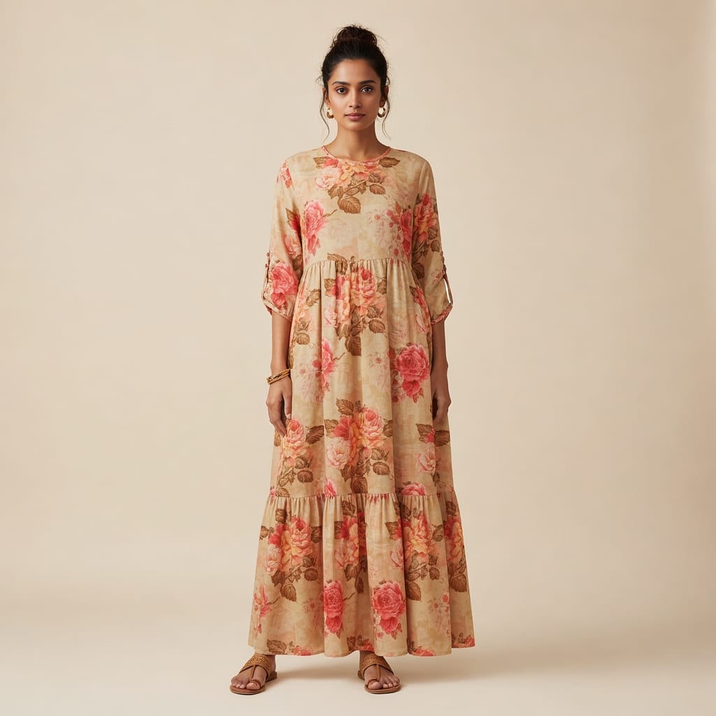 Warm Cream Chanderi with Vintage Rose Floral Print