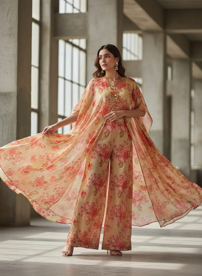 Warm Cream Chanderi with Vintage Rose Floral Print