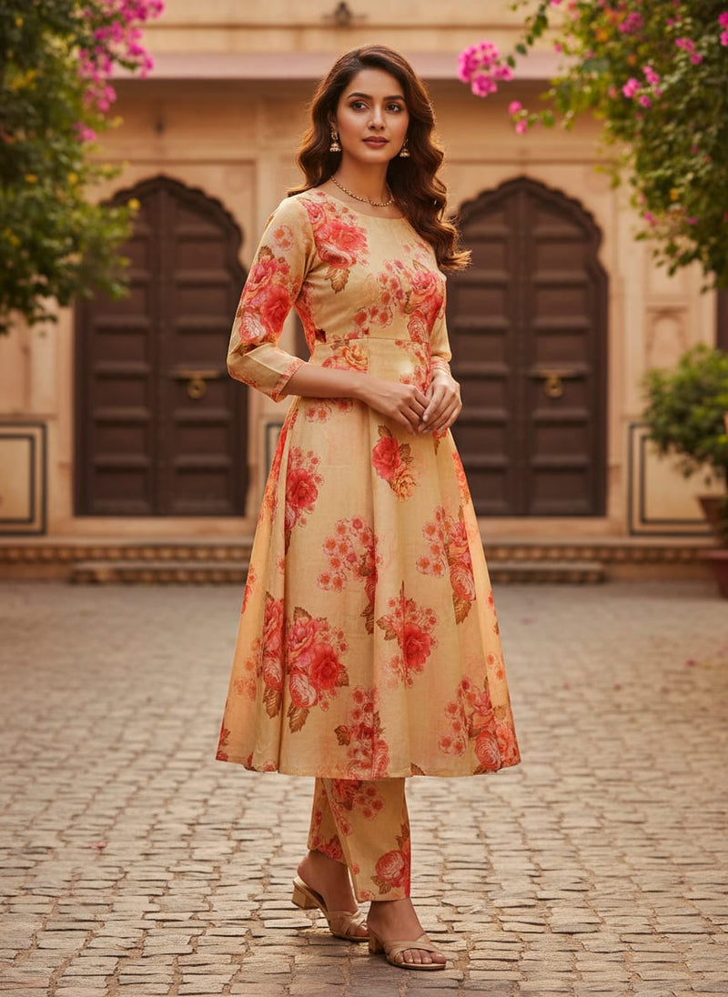 Warm Cream Chanderi with Vintage Rose Floral Print