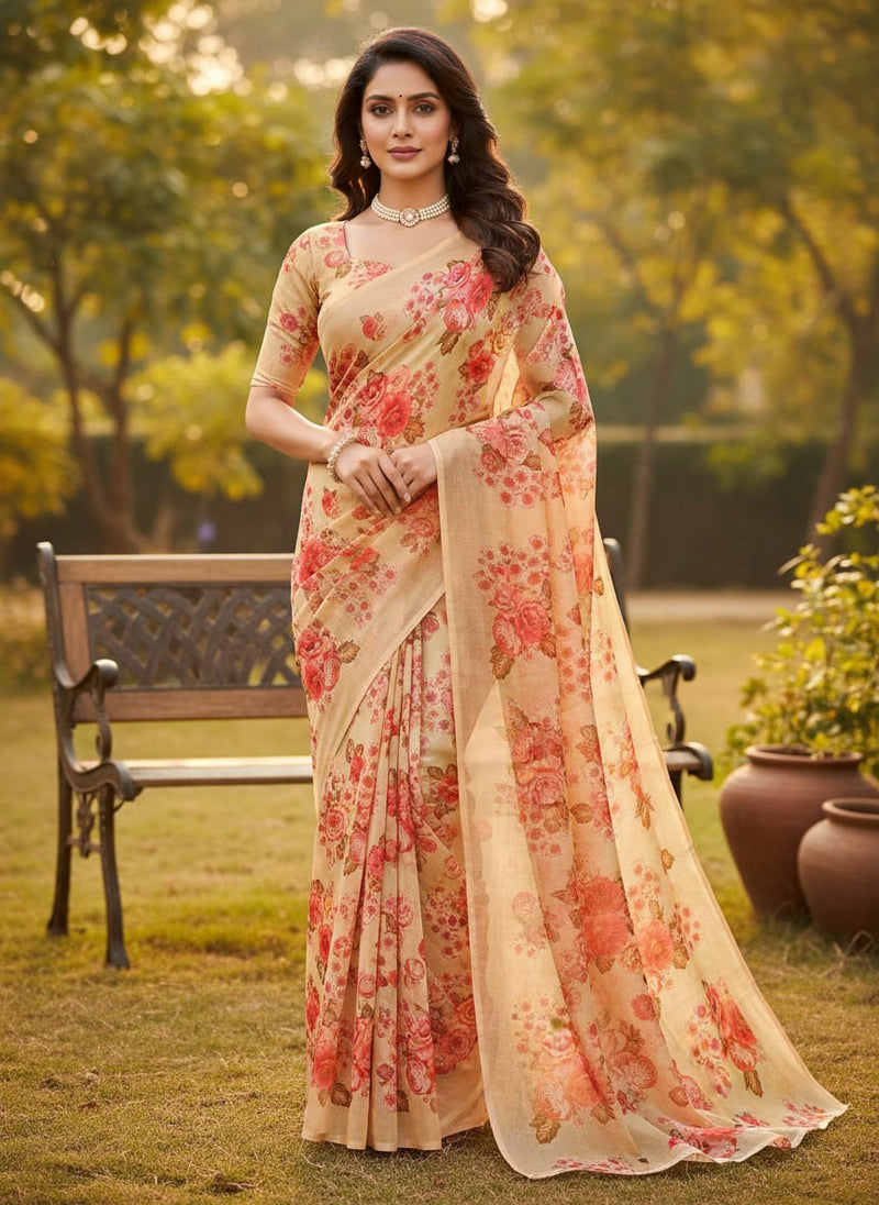 Warm Cream Chanderi with Vintage Rose Floral Print